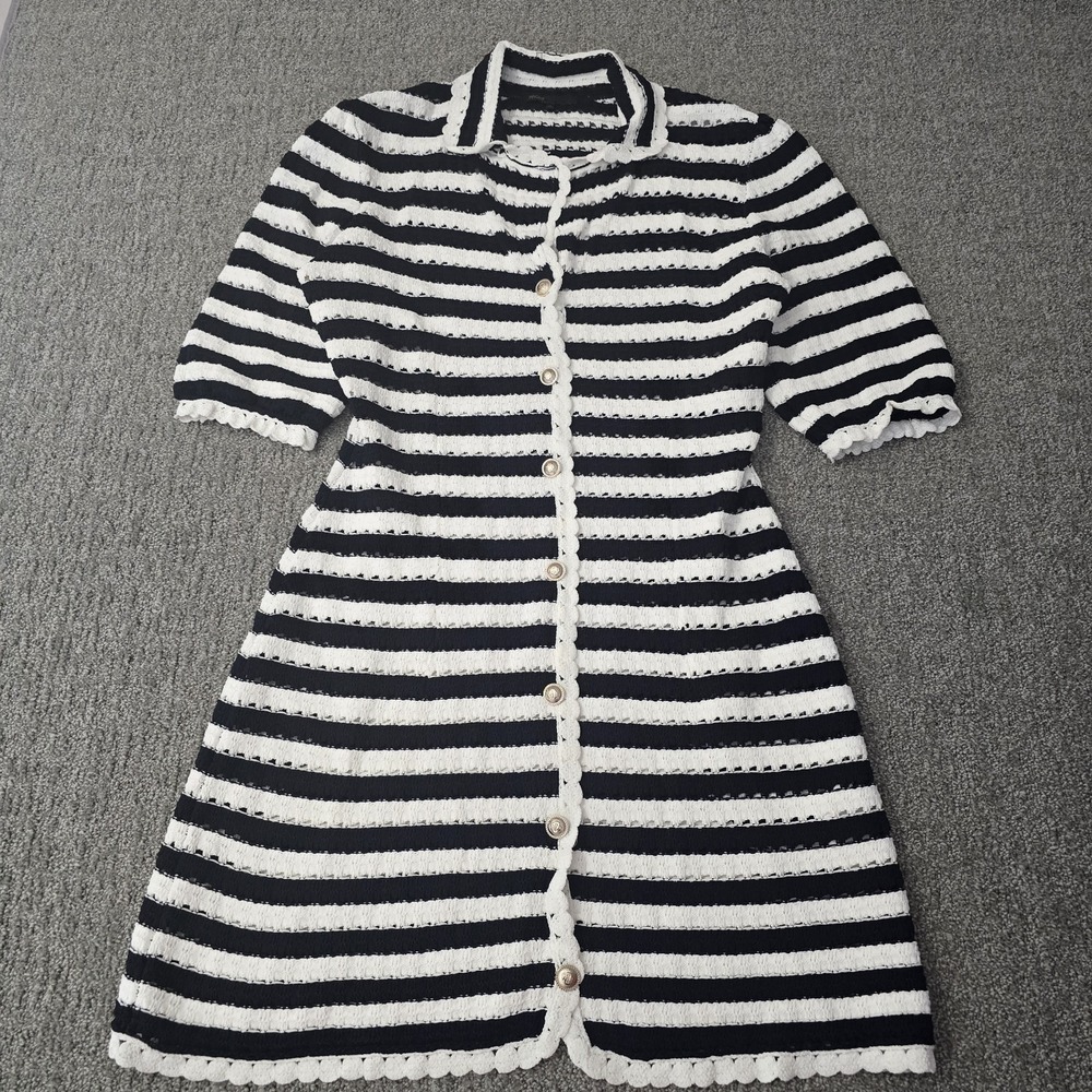 Maje Crochet Knit Dress 40 Navy Ecru Striped Button Front French Breton Midi
